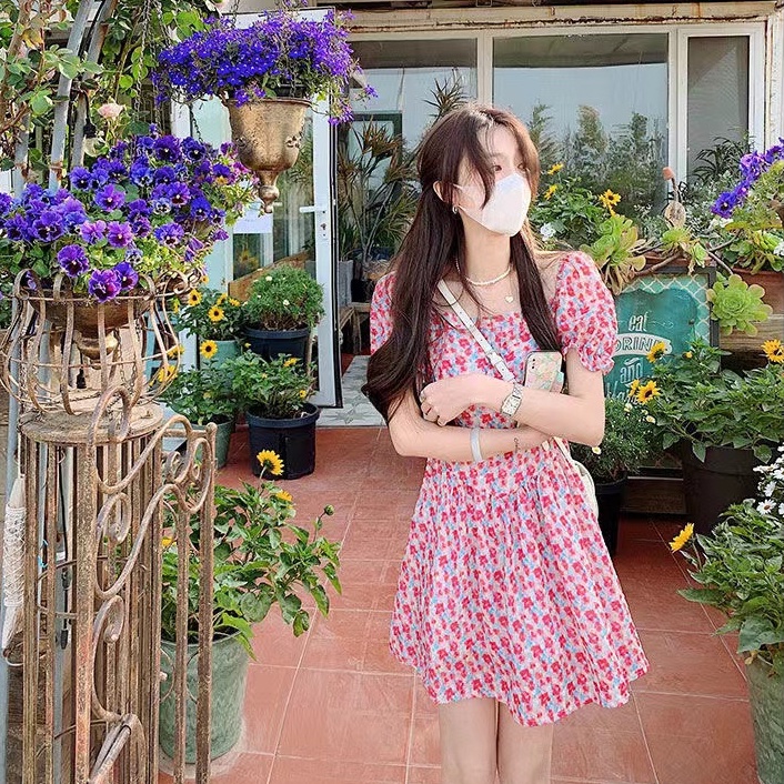 Đầm Tay Phồng Cổ Vuông Họa Tiết Hoa Phong Cách Hàn Quốc Thời Trang Cho Nữ