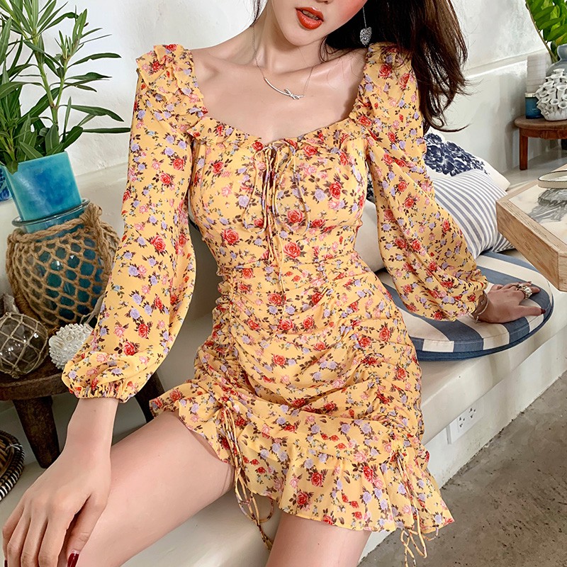 Đầm hoa nhí dáng xòe cổ vuông tay dài mini Emilyshop