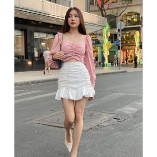 ☘️ Set áo hồng nút bọc phối chân váy trắng nhún đuôi cá ☘️