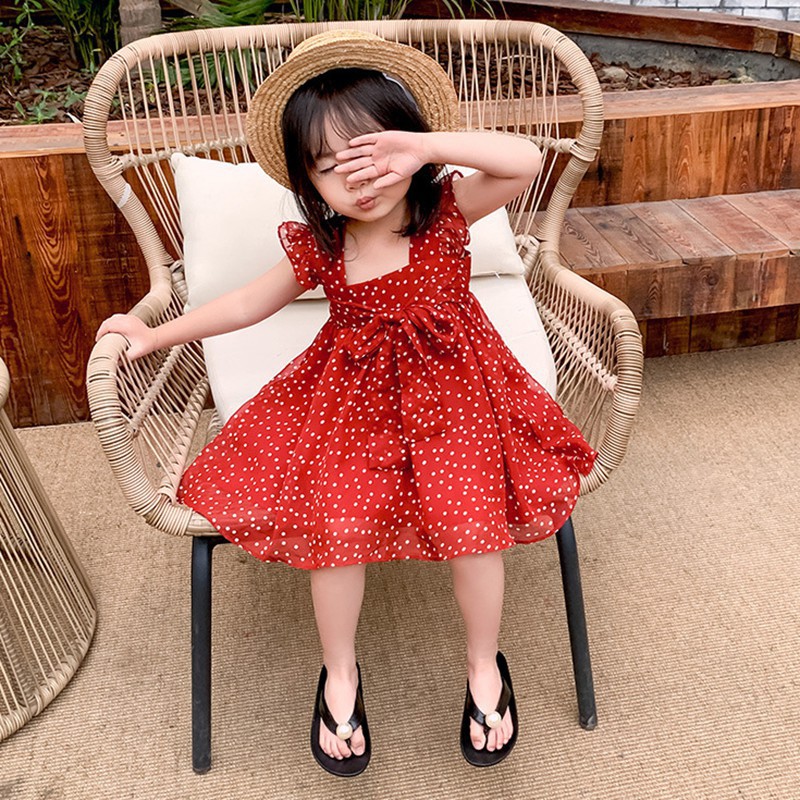 Đầm Chiffon Chấm Bi Đỏ Thoải Mái Cho Bé Gái 6 Tháng - 6 Tuổi