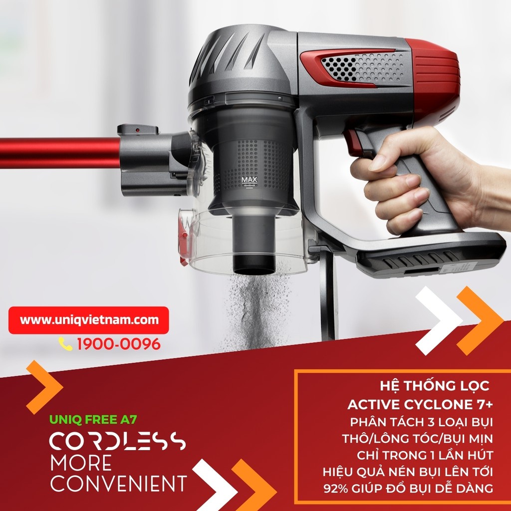 Máy hút bụi cầm tay không dây UNIQ Free A7 đa năng gia đình mini Công Suất 130W - Lực hút 9000 Pa - Hàng Chính Hãng