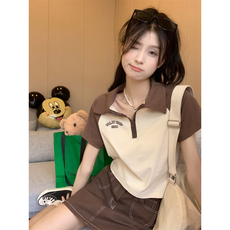 Xiaozhainv Áo Thun Croptop Ngắn Tay Cổ Polo In Chữ Phong Cách Vintage Mỹ