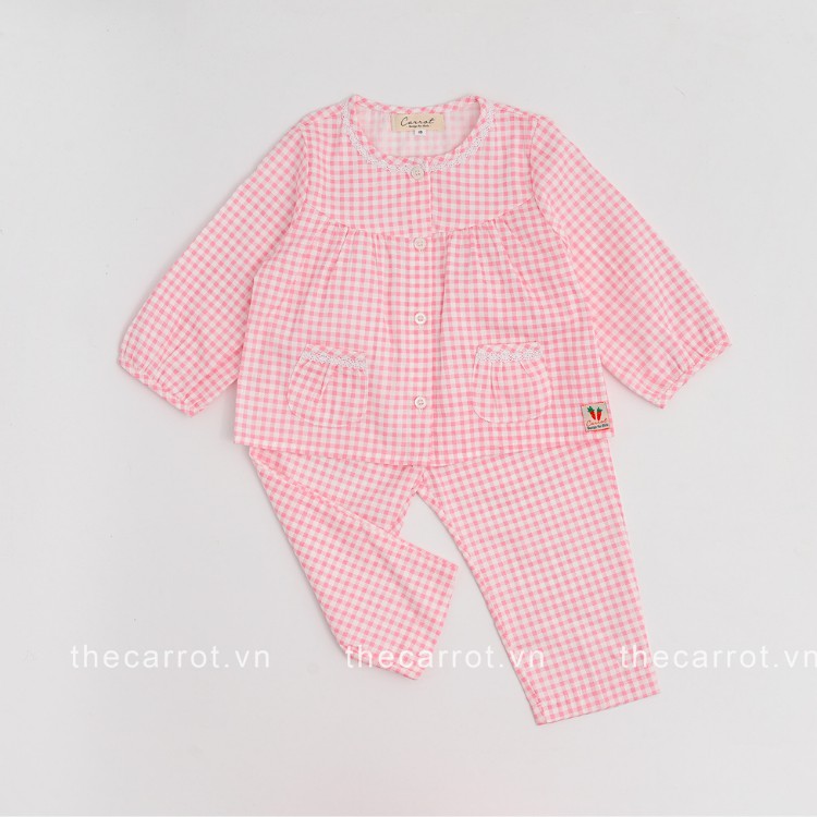 Bộ dài tay bé gái CARROT cổ tròn, hoa tiết caro hồng, chất Thô cotton mềm thoáng mát, thấm hút mồ hôi tốt
