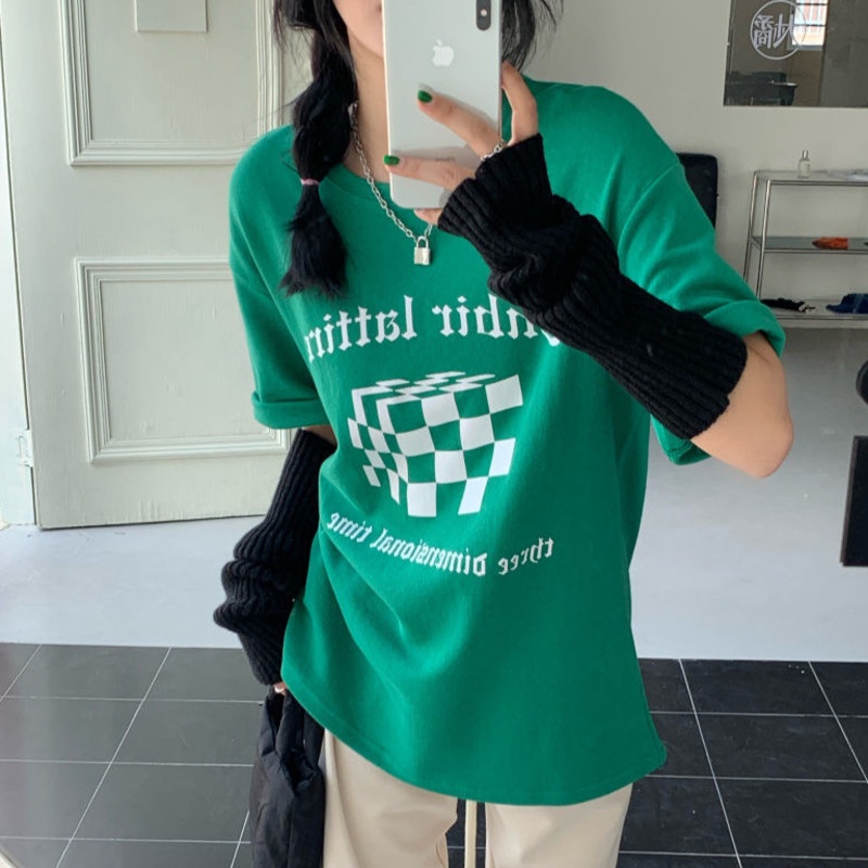 Áo Thun Tay Ngắn Cổ Tròn Dáng Rộng In Họa Tiết Caro Phong Cách Hàn Quốc Thời Trang