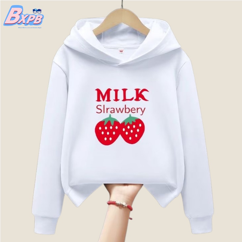 Áo hoodie BXPB dáng rộng in hình dâu tây hoạt hình thoải mái thời trang tùy chọn màu sắc cho bé 3-15 tuổi