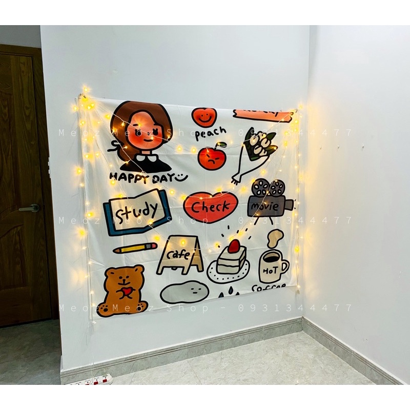 [Hình thật] Thảm Vải Treo Tường Nhiều Sticker - kèm dây đèn và đồ treo