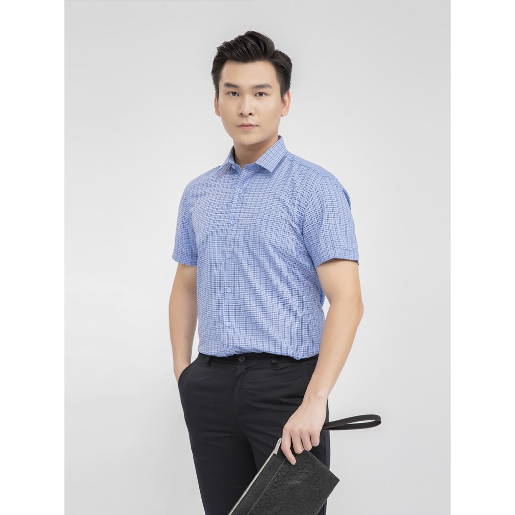 Áo sơ mi nam ngắn tay ARISTINO dáng Regular fit kẻ xanh thanh lịch,  hiệu ứng dệt dobby tinh tế - ASS193S1