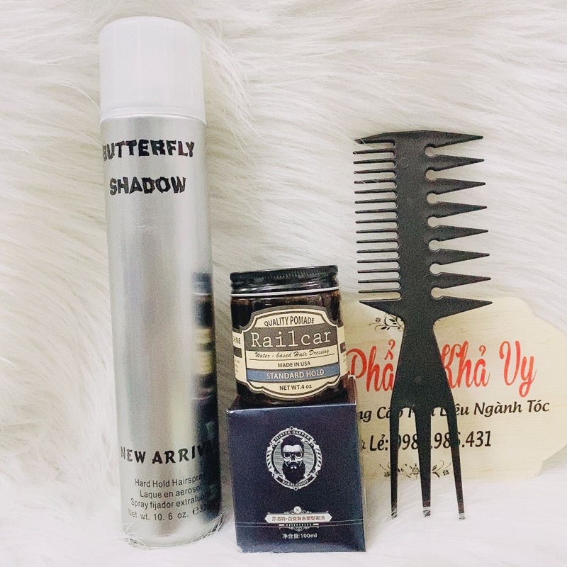 Combo gôm xịt tóc BUTTERFLY 320ml, Wax vuốt tóc tạo kiểu RAILCAR quality pomade tạo kiểu giữ nếp