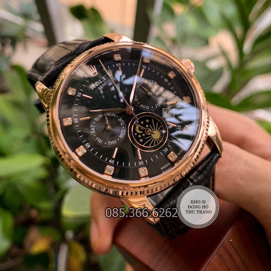 Đồng hồ nam Rolex cơ Automatic Máy Nhật mẫu 6 kim đen viền vàng size 40-41mm