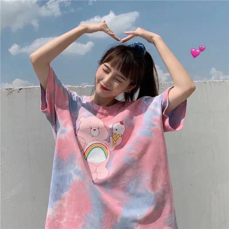 ins tie-dyed bear new western style short-sleeved t-shirt women loose Korean version of the trendy net red Harajuku strange blouse body fabric