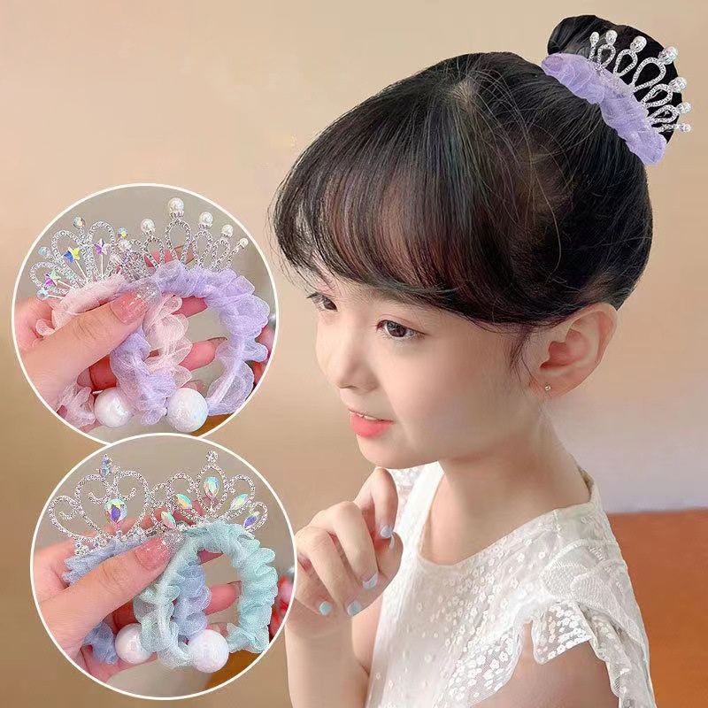 1 Dây Cột Tóc Hình Vương Miện Đính Ngọc Trai Ba Chiều Co Giãn Dễ Thương Dành Cho Bé Gái
