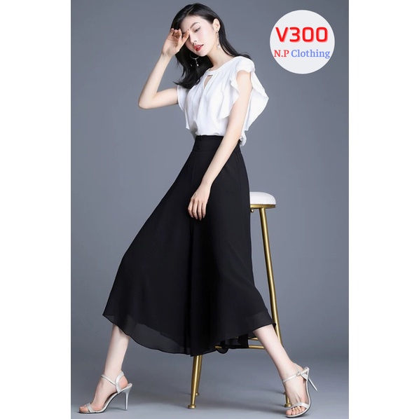 Quần Ống Rộng Giả Váy V300, Mẫu Quần Váy Chiffon Lưng Thun, Đính Nút Trước Có Túi Sang Trọng | Thời Trang NP Clothing