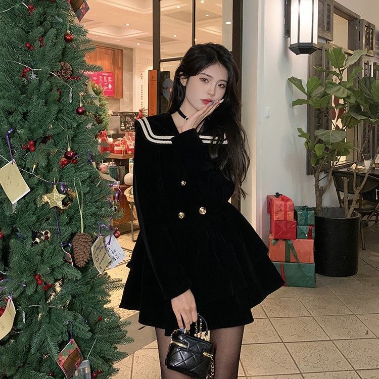 Đầm Xòe Cổ Hải Quân Màu Đen Thời Trang Mùa Xuân Cho Nữ