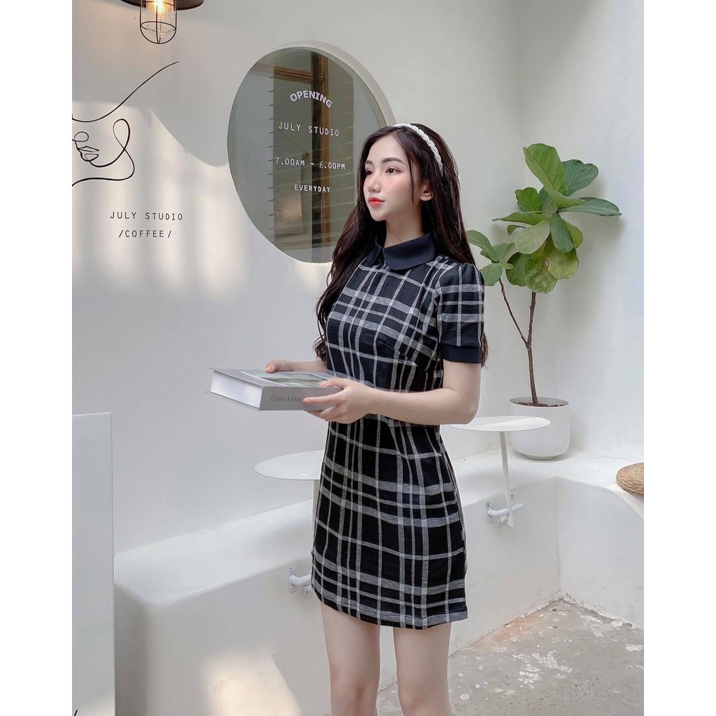Đầm Tay Ngắn Suông Bầu Caro Đen Trắng 1681