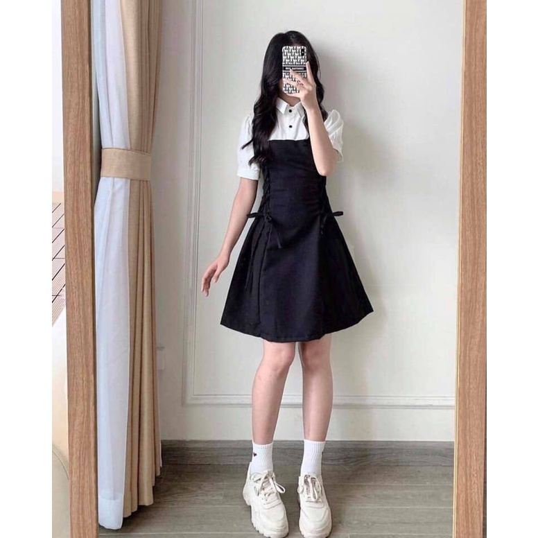 V015 Váy sơ mi trắng phối yếm đen dây đan eo tay lỡ công chúa bánh bèo, đầm thắt nơ eo tay bồng chữ A nữ tính tiểu thư