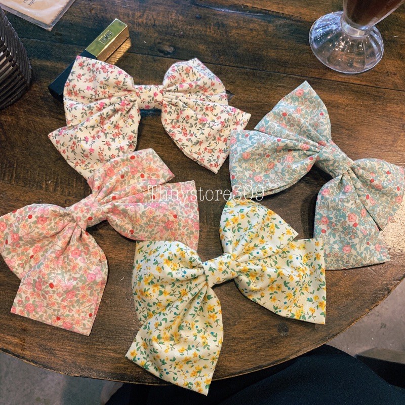Kẹp tóc bản to nơ lớn hoạ tiết hoa nhí vintage N13