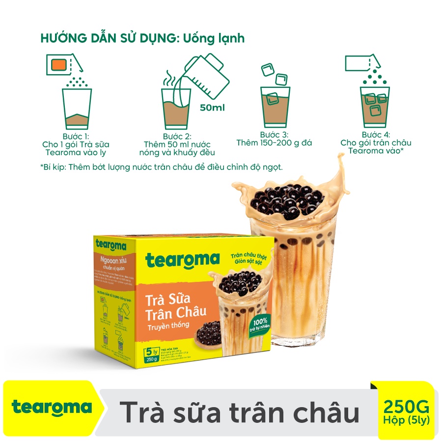 Trà sữa trân châu Tearoma truyền thống (Hộp 5 ly/ 250g, 5 gói trà sữa x 22g, 5 gói trân châu x 28 g)