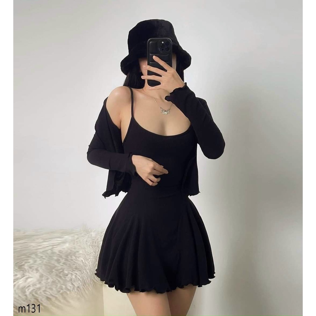 Set đầm xòe 2 dây + áo khoác cardigan - Đầm nữ