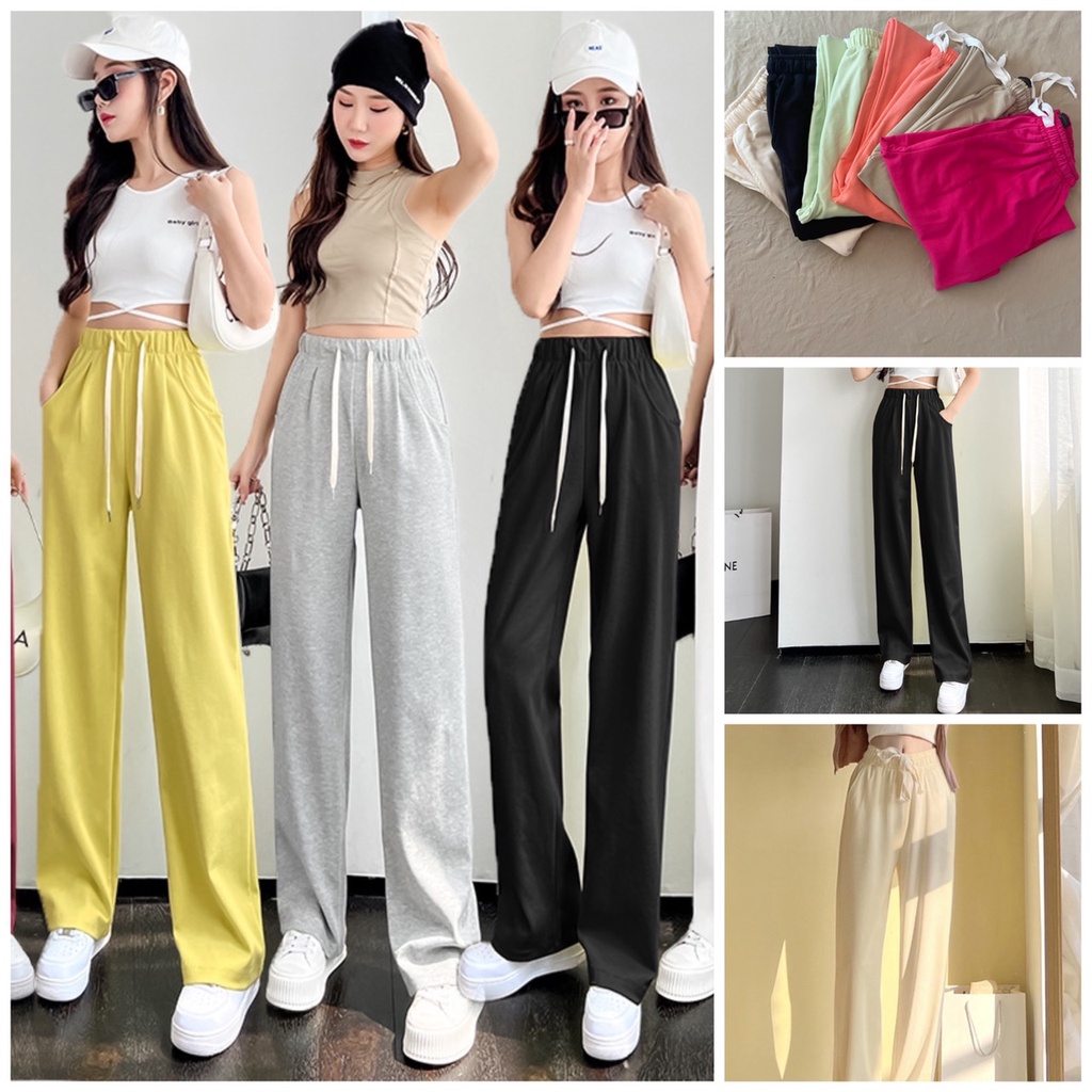 Quần Jogger Ống Rộng Suông Dài Nữ vải da cá cotton tăm, Quần ống suông dáng dài xuất Hàn cao cạp chun có dây rút vải mát