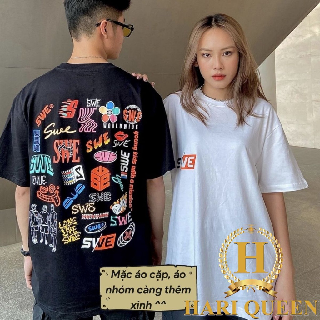 Áo phông SWE nhiều hình form rộng đẹp- Áo thun tay lỡ Unisex nam nữ kiểu hàn quốc vải cotton HARI in hoạ tiết