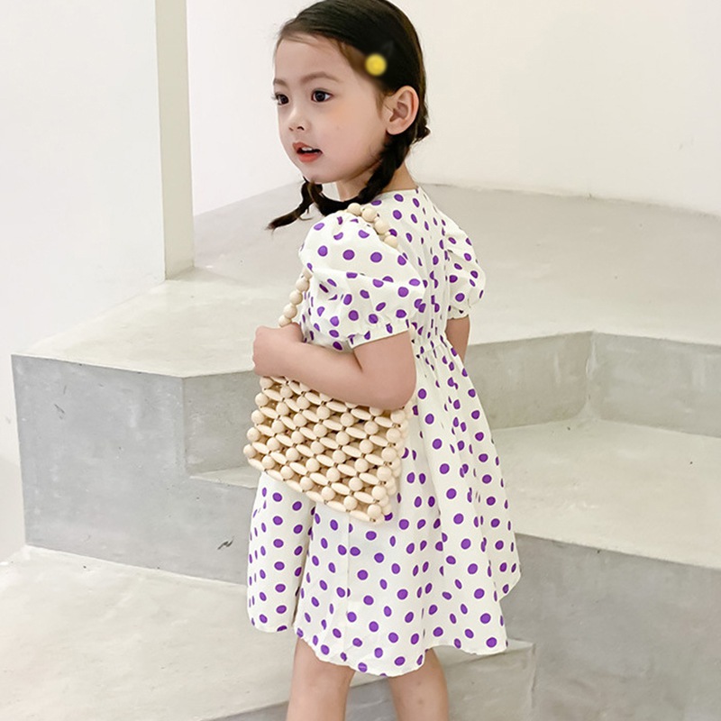 Đầm Chấm Bi Cổ Chữ V Cho Bé Gái