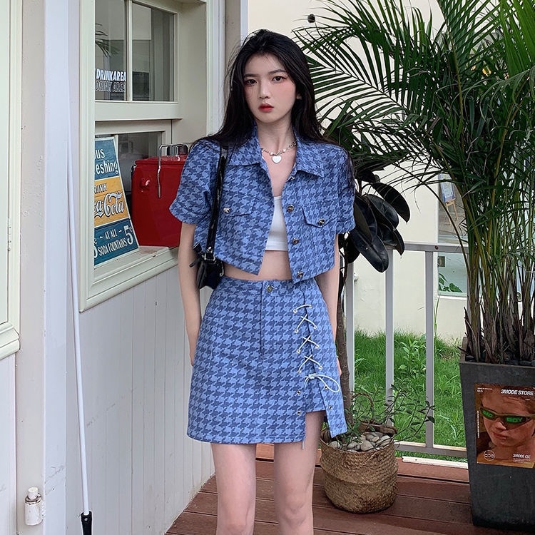 Hàng Có Sẵn Bán Chạy Bộ Đồ Hai Mảnh Áo Ngắn Xẻ Tà Màu Xanh Dương Phong Cách Asakawa Phong Cách Mới Thời Trang Mùa Hè