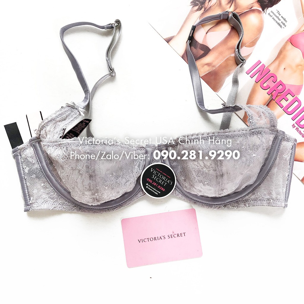 36B/B80 Bill Mỹ - Áo Lót xám khói (94) sexy, ren, có gọng, không mút nâng, Silver Bell - Victoria's Secret