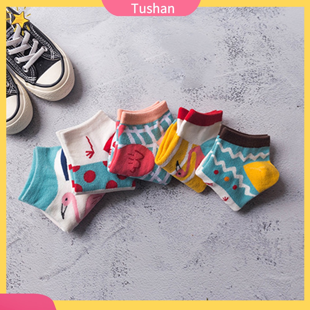 TUSH Fashion Women Flamingo Print Low Cut Breathable Cotton Short Ankle Boat Socks