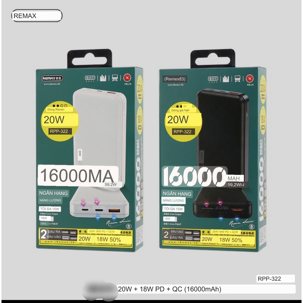 Pin sạc dự phòng tích điện hỗ trợ sạc nhanh Remax RPP 322 16000mAh PD 20W + QC 18W 2 Inputs, 2 Outputs