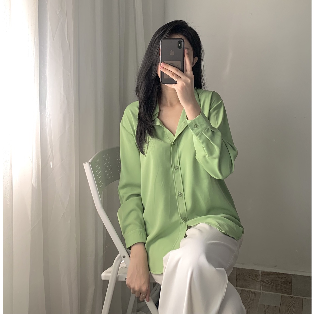 Áo sơ mi nữ dài tay form rộng công sở chất đẹp màu xanh bơ, xanh cốm kiểu Hàn Quốc AAS446