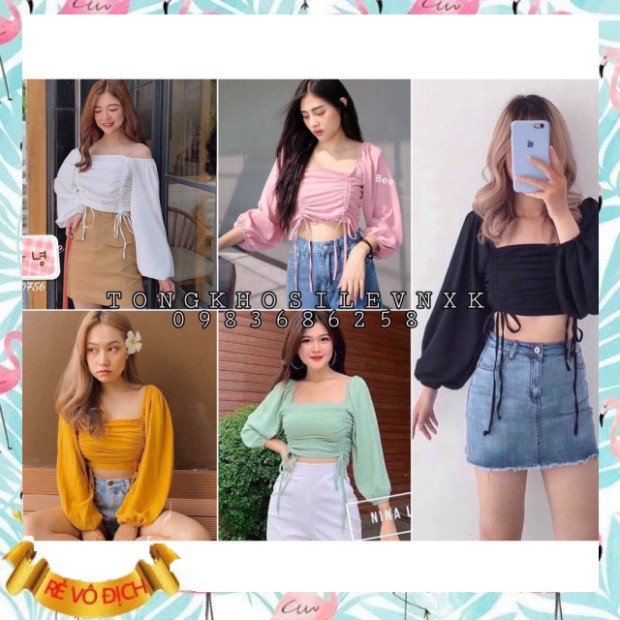 (mới) ÁO CROPTOP TAY DÀI CỘT DÂY 2 BÊN NHIỀU MÀU - CROPTOP RÚT DÂY TAY PHỒNG HỒNG VÀNG XANH ĐEN TRẮNG - CROPTOP TRỄ VAI 