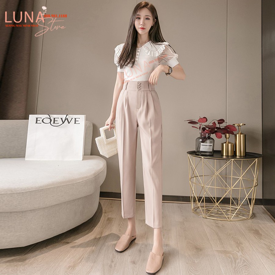 Quần baggy cạp cao 3 cúc nữ xếp ly dáng dài form rộng ống suông đứng - Màu Đen Kem - Vải dày mềm mặc công sở đi học làm