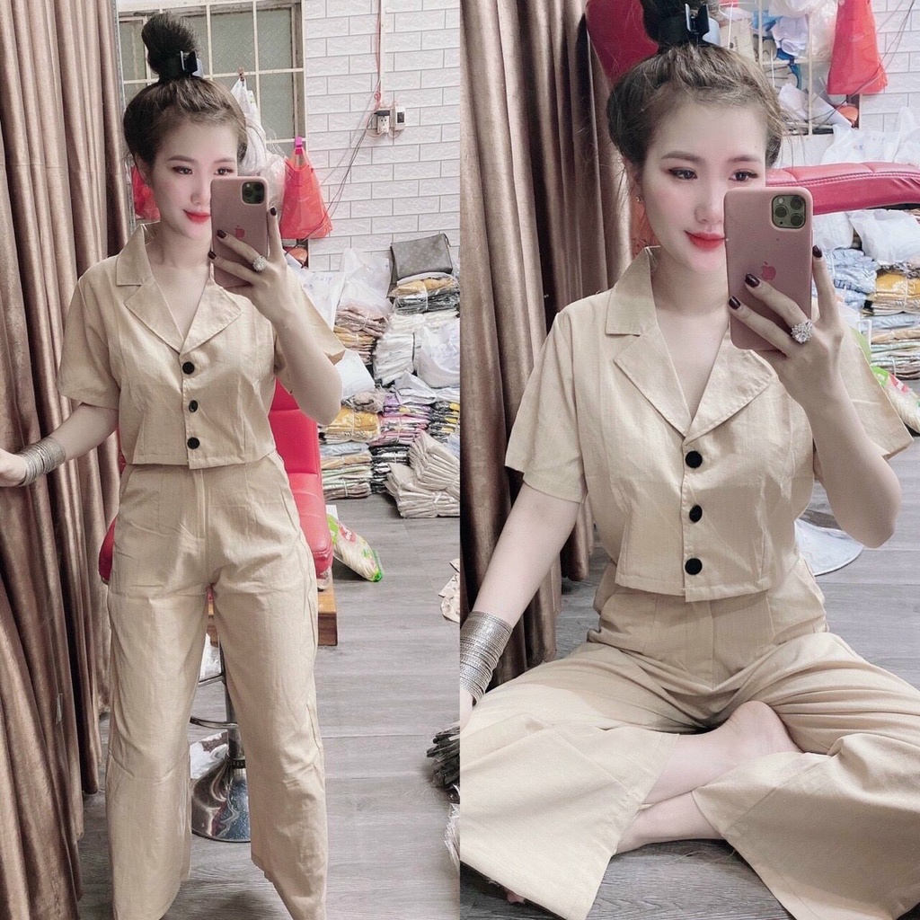 Sét Bộ Von Áo Sơ Mi Ngắn Tay Cổ Bẻ Gài Nút Bự Kết Hợp Quần Ống Rộng Trẻ Trung TTSA1736