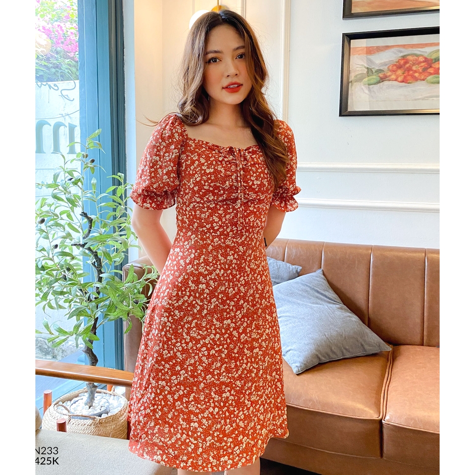 Đầm hoa nhí midi nhún ngực tay bồng bo chun 2 lớp Twentyfive N233