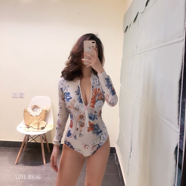 Bikini liền , đồ bơi nữ 1 mảnh cổ khoá kéo hoạ tiết hoa mẫu đơn