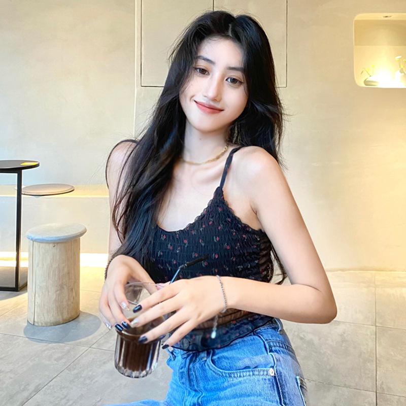 Áo Hai Dây Phối Ren Hở Lưng Có Mút Nâng Ngực In Họa Tiết Hoa Ngọt Ngào Quyến Rũ Cho Nữ