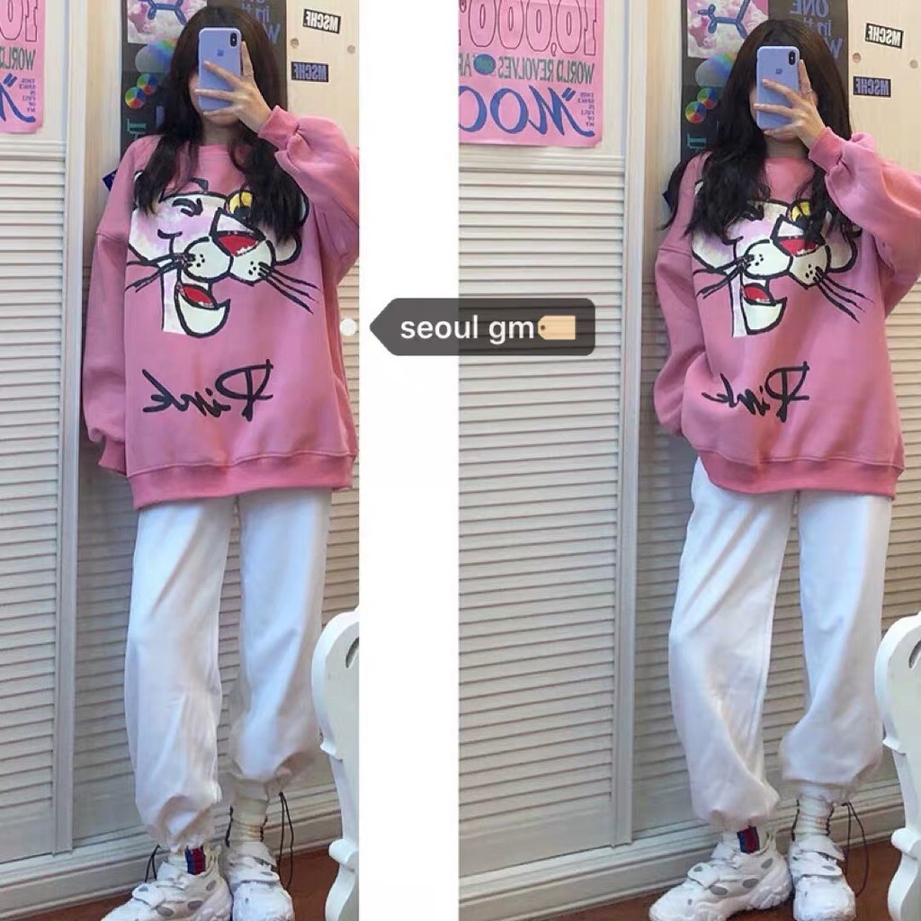 Bộ Nỉ Nữ Áo Thun In Hình Lợn Và Báo Hồng Kèm Quần Jogger