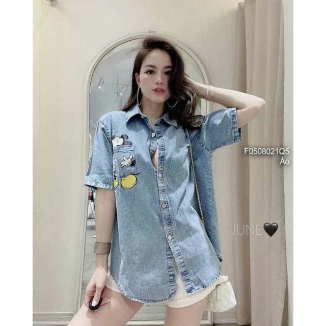 Áo sơ mi jean một túi in hình mickei tay ngắn hàng QC!K100% ảnh tự chụp, no fake