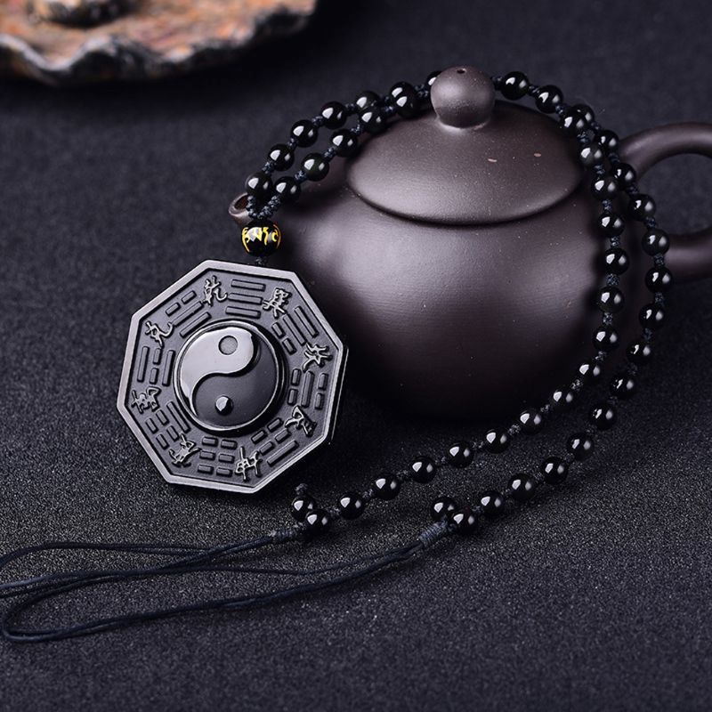 Dây chuyền mặt đá Obsidian hình bát quái phong cách Trung Hoa huyền bí