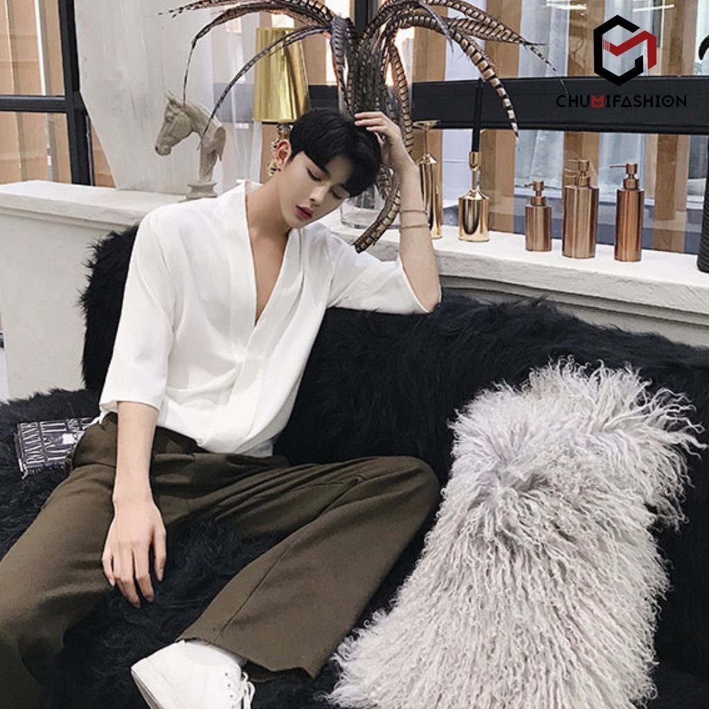 Áo sơ mi nam CHUMI không cổ tay lỡ dáng rộng, dấu khuy phong cách sang trọng lịch sự cức hót asm 46
