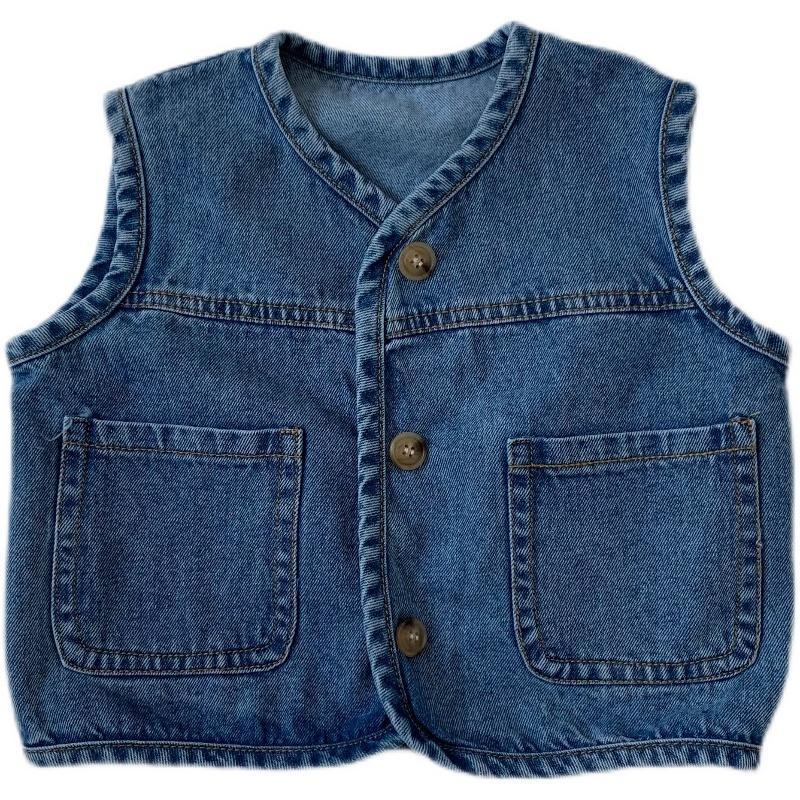 [Babycat] Hàng Có Sẵn Áo Khoác Denim Không Tay Phong Cách Hàn Quốc Nhật Bản Mùa Xuân Thu Phong Cách Phương Tây Cho Bé Trai Và Bé Gái