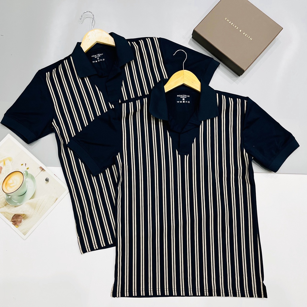 Áo thun polo nam cao cấp tay ngắn phối cổ chữ V sọc họa tiết, vải poly da cá sấu nam tính lịch lãm hàng hot giá rẻ