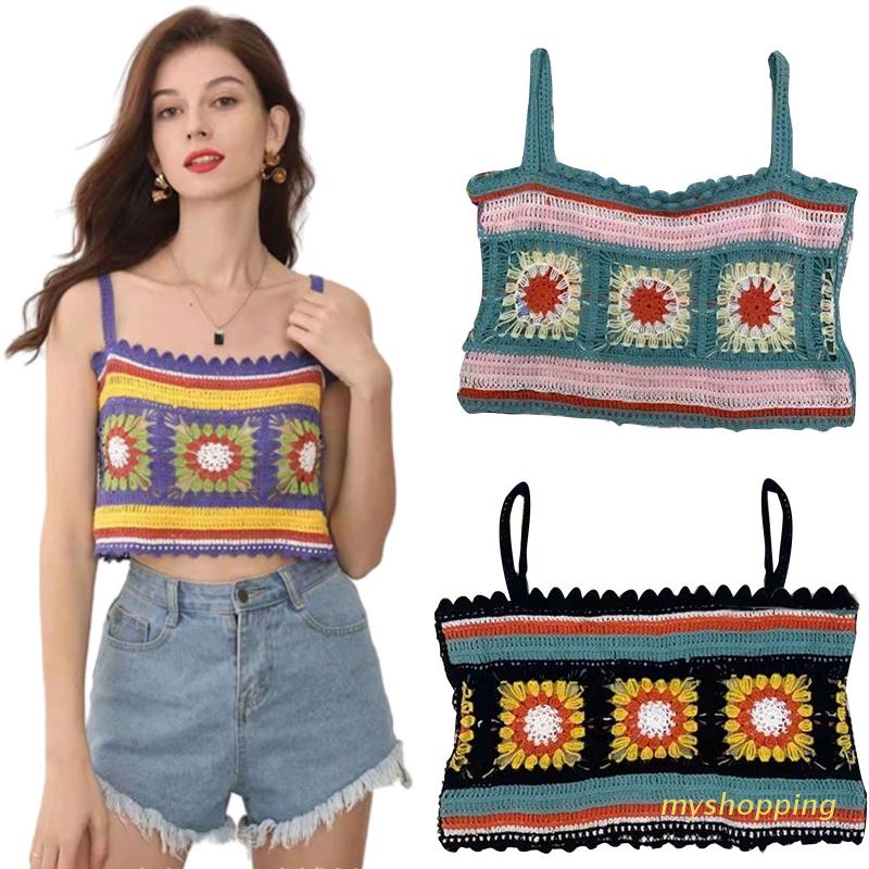 Áo Croptop Đan Len Thêu Hoa Nhiều Màu Sắc Phong Cách Boho Thời Trang Đi Biển Cho Nữ