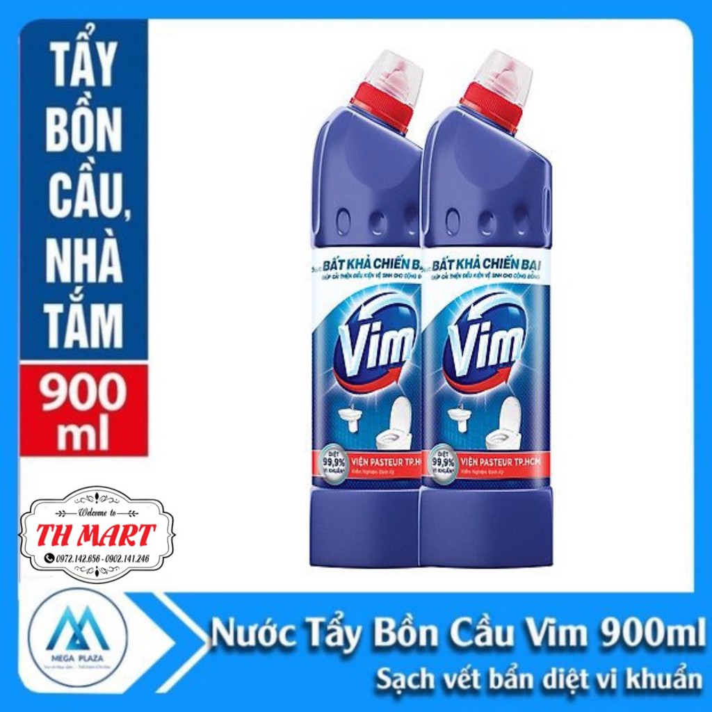 tẩy bồn cầu vim xanh dương diệt99.,% vi khuẩn thiết kế nắp an toàn tiện lợi chai 900ml