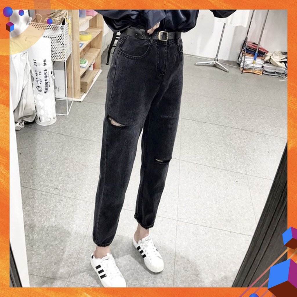 [Size 30-36] Quần Baggy Cotton Rách Sườn và Gối, Lưng Cao, Không Giãn