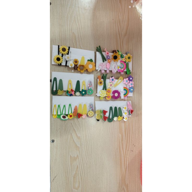 combo 10 vỉ 8 kẹp tóc hình hoa quả cầu vồng kem