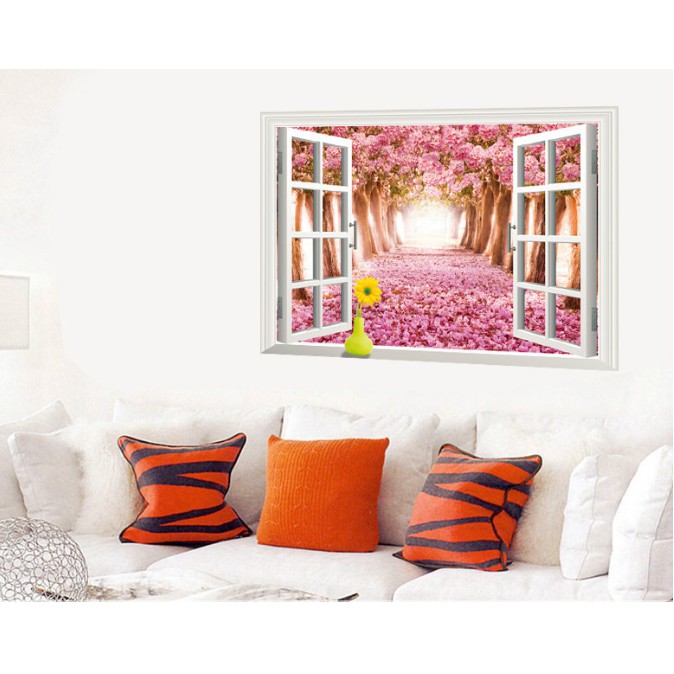 Decal trang trí tường khung cửa sổ 3D Rừng Anh Đào lớn