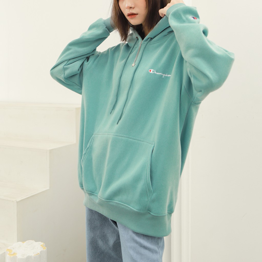 Áo Hoodie Thêu Logo Champion Sắc Nét Phía Trước-Chất Vải Nỉ Bông Cotton-Form Rộng Rãi Unisex Nam Nữ-Màu Xanh Mint