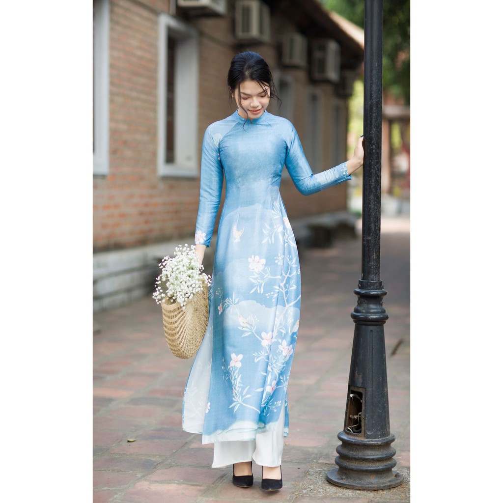 ┇▼Áo dài truyền thống - lụa thượng hải co giãn nhẹ form ôm tôn dáng màu xanh dương paster Fkaro MT103