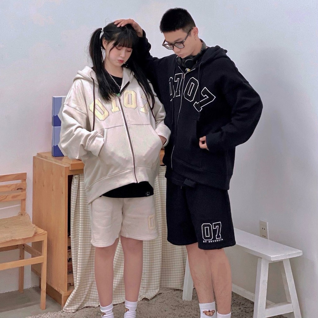 Set Áo Khoác Nỉ Bông x Short Nỉ Thêu 07.07 Black Unisex